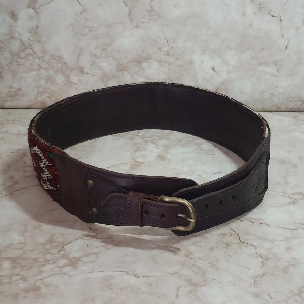 Motif 56 Brown Leather and Red Patterned Textile Women's Belt Size S
